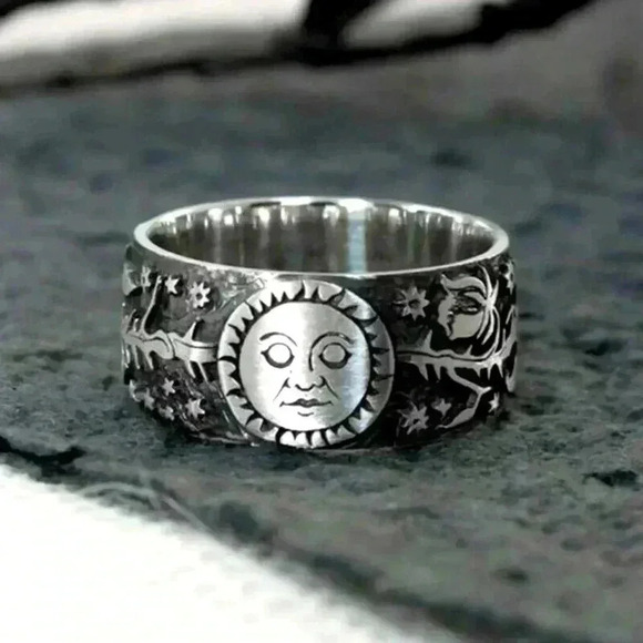 Beautiful Detail 925 Sterling Silver Sun Moon Band Ring - Picture 1 of 6